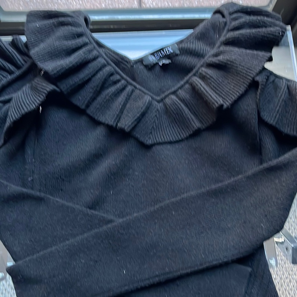 Intermix wool/cashmere ruffle cold shoulder sweater